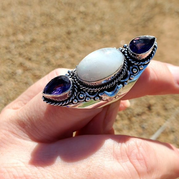 New Rainbow Moonstone & Amethyst 925 Silver Statement Ring. - Picture 5 of 16